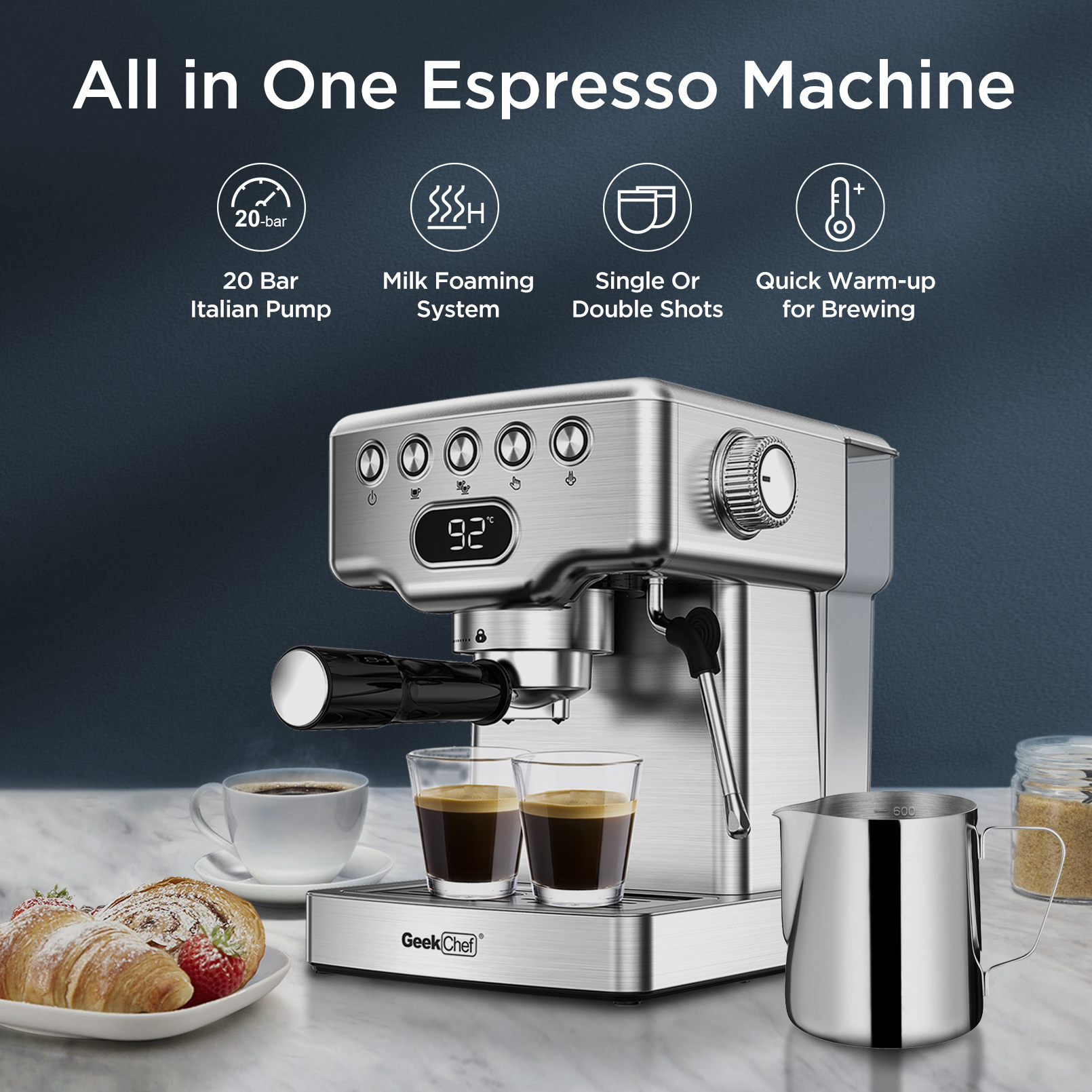 Espresso Machine with Milk Frother | Geek Chef 20 Bar Espresso Maker