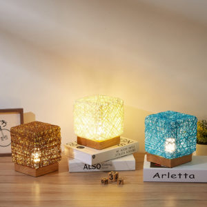 Hand-Knit LED Desk Lights: Wood Rattan Twine USB Charging Table Lamp